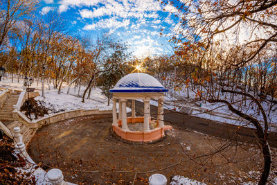 Built structure on snow covered land against sky