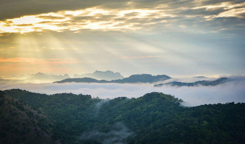 Scenic view of mountains against sky during sunset