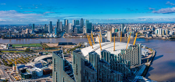 Aerial bird's eye view of the iconic o2 arena near isle of dogs