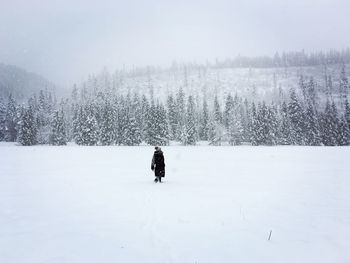 Person on snow covered landscape against sky