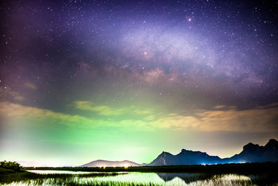 Scenic view of lake against sky at night