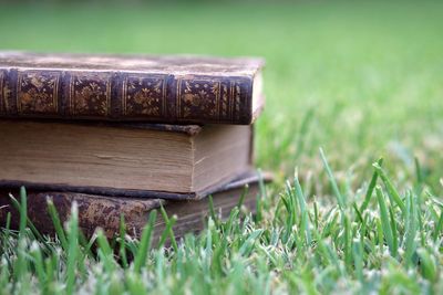 Close-up of old books on grassy field