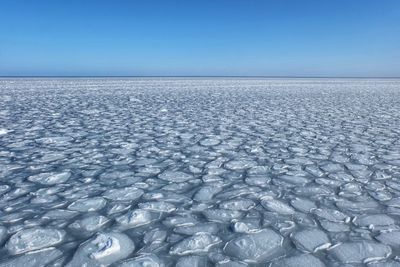 Scenic view of sea against clear blue sky