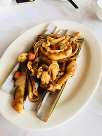 High angle view of food served in plate