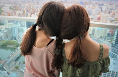 Rear view of sisters with braided hair against window