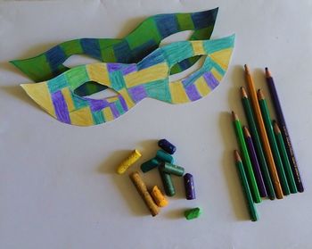 High angle view of colored pencils on table