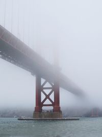 View of suspension bridge in foggy weather