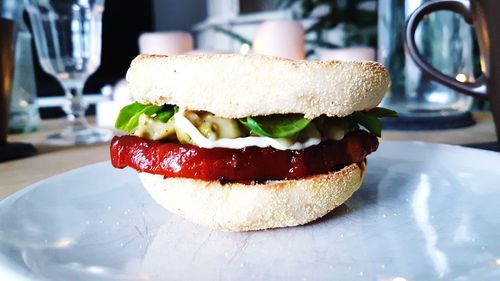 Close-up of burger in plate on table