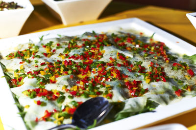 Close-up of served food in plate