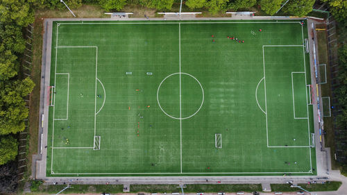 High angle view of soccer field