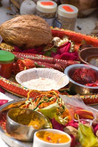 High angle view of food in plate on table