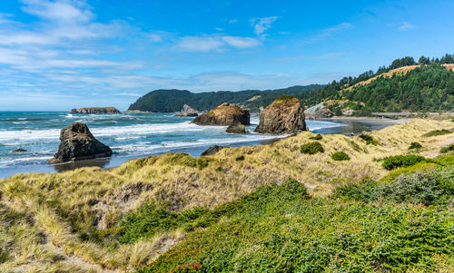 A view of meyers creek beach with waves and rock formations on the coast of oregon state.