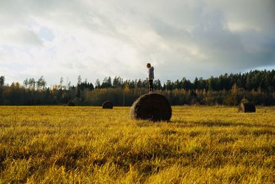 Hay bales on field against sky