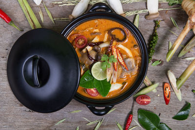 High angle view of soup in bowl on table