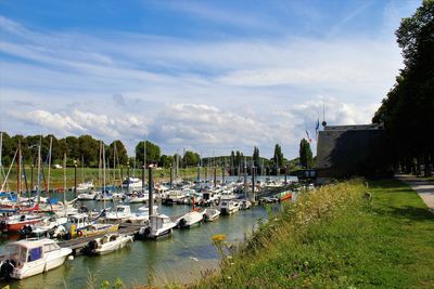 Boats moored at harbor against sky