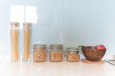 Close-up of glasses on table