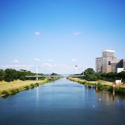 Bridge over river by buildings against blue sky