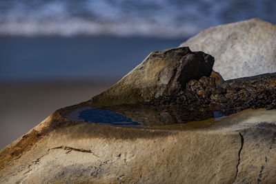 Close-up of rock formation on beach against sky