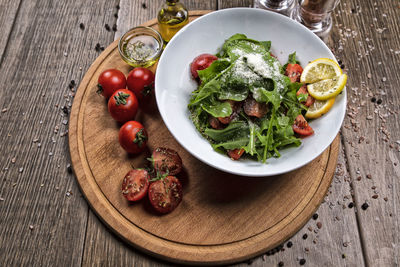 High angle view of fruits in bowl on table