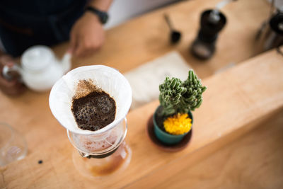 High angle view of coffee on table