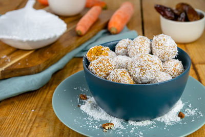 High angle view of ice cream in bowl on table