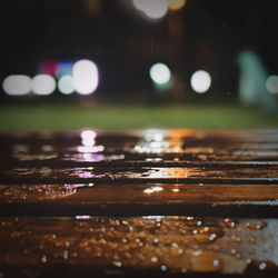 Close-up of wet windshield at night