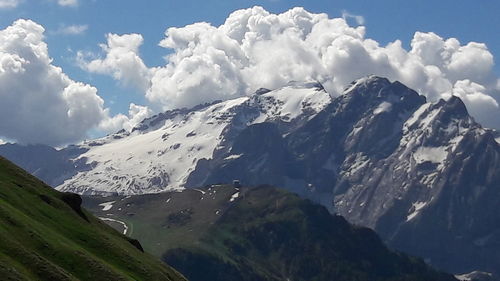 Panoramic view of snowcapped mountains against sky