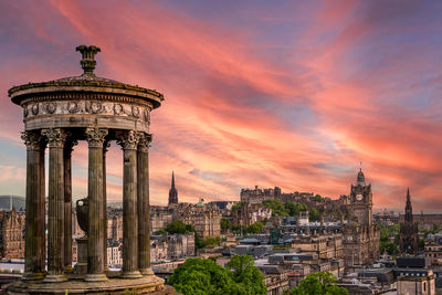 High angle view of cityscape against sky during sunset