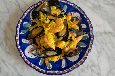 High angle view of food in plate on table