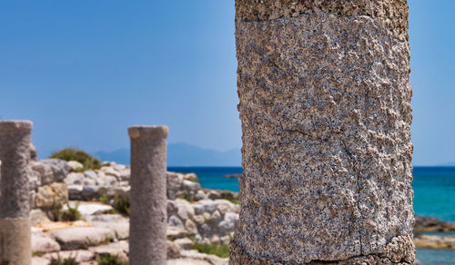 Close-up of sea shore against clear blue sky