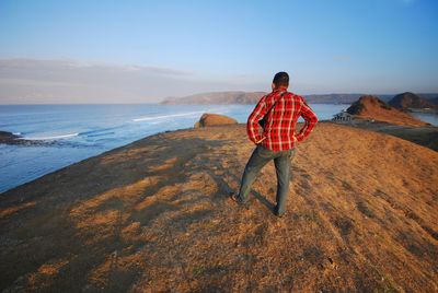 Rear view of man standing on beach