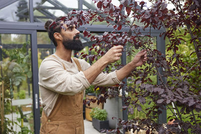 Man checking tree in garden