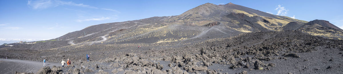 Extra wide angle view of the etna volcano with its craters, lava and lunar landscape