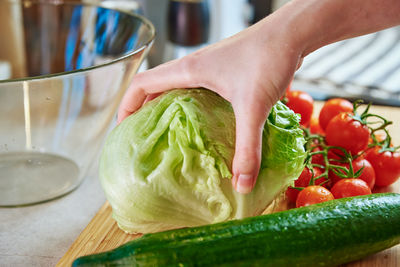 Woman take green fresh salad