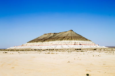 Scenic view of desert against clear blue sky