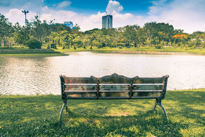 Park bench on field by lake against sky
