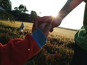 Close-up of baby hand on field against sky