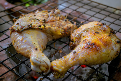 Close-up of meat on barbecue grill