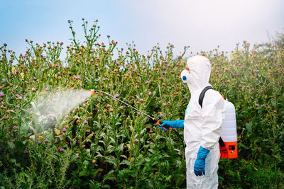 Man in protective workwear spraying herbicide on plants