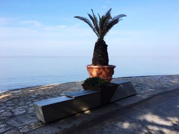 Statue by sea against sky