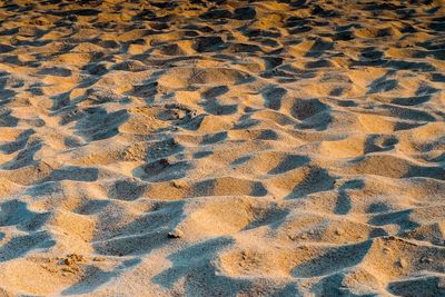 High angle view of footprints on sand at beach