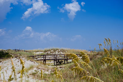 Scenic view of beach sand dunes with grass against blue sky