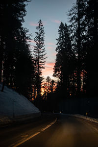 Road amidst trees against sky during sunset