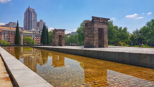 Reflection of buildings on water in city