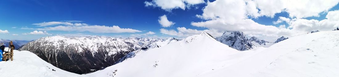 Panoramic view of snowcapped mountains against sky