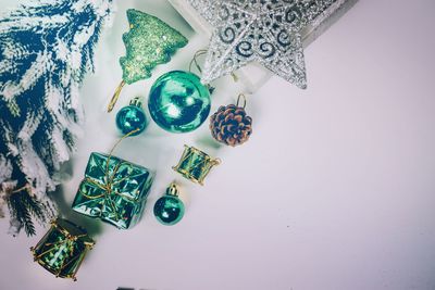 High angle view of christmas decorations on table