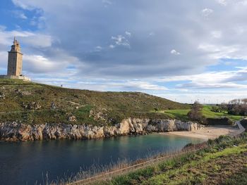 Lighthouse by sea against sky