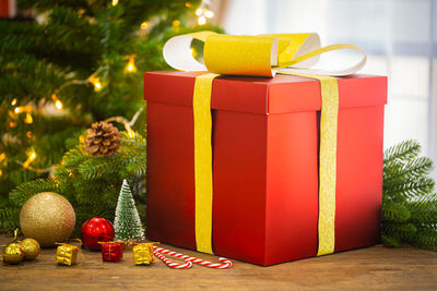 Close-up of christmas decorations on table