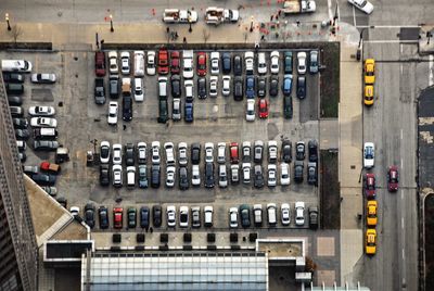 Aerial view of parking lot in city