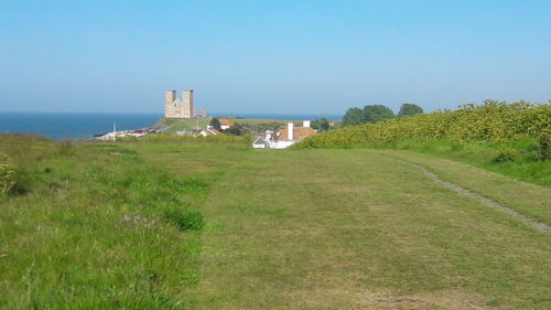 Scenic view of green landscape against clear blue sky